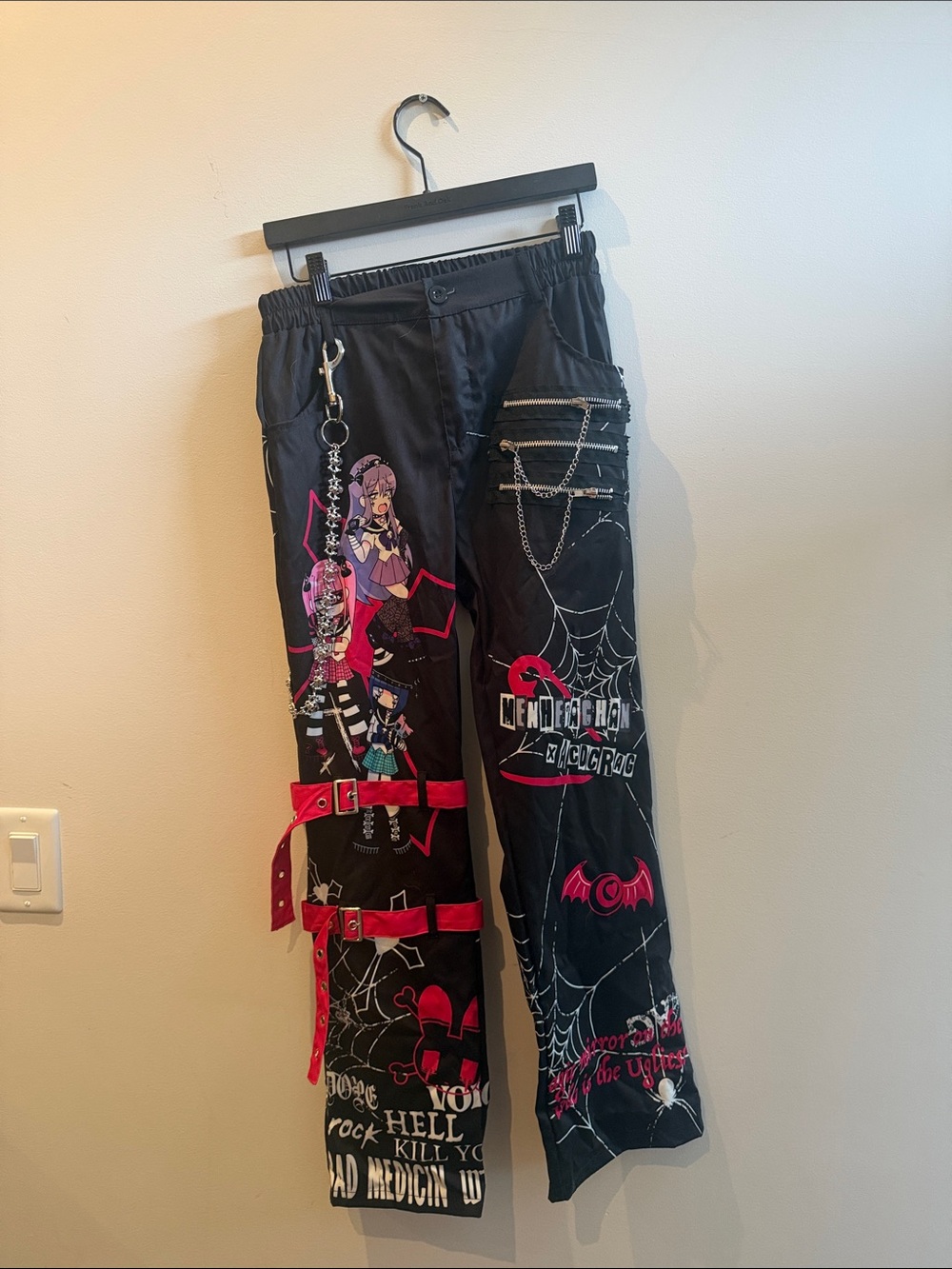 Black & Pink Graphic Kids Gothic Cargo Pants